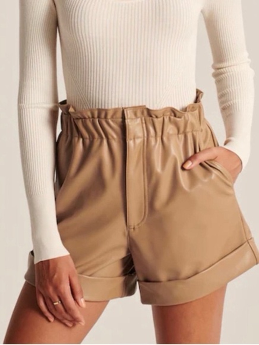Abercrombie & Fitch Tan High-Waist Paperbag Vegan Leather Shorts NWT Medium